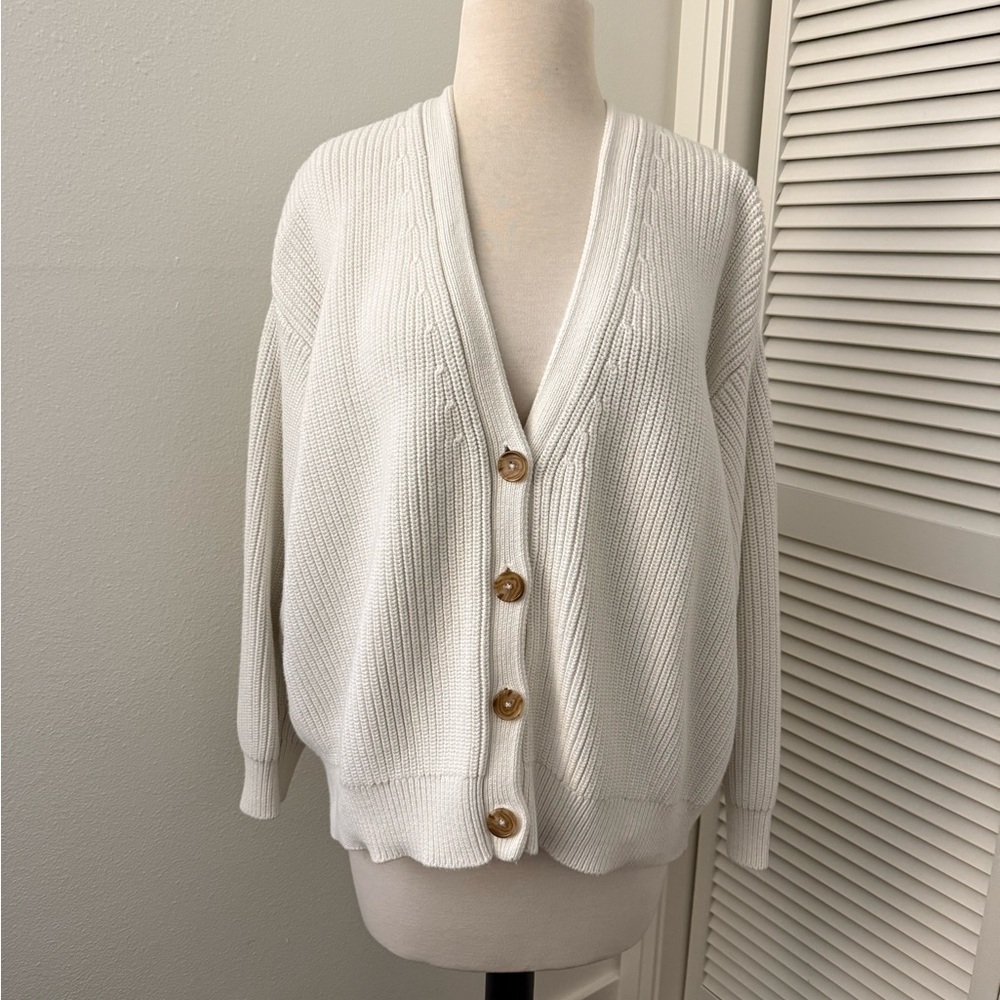 Quince Womens 100% Organic Cotton Oversized Boyfriend Cardigan Ivory L